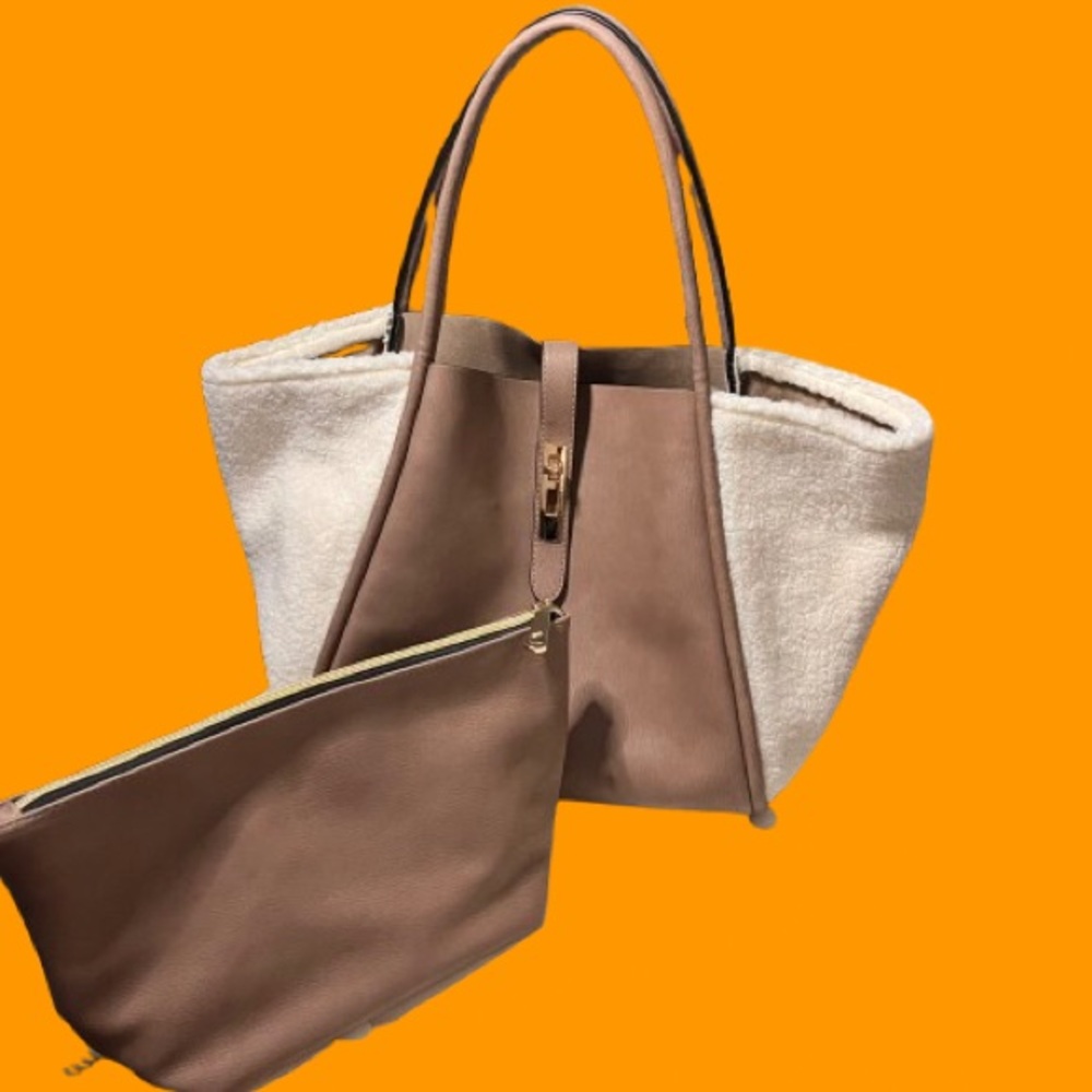 Elegant Tan and Cream Sherpa accent Women's Tote Bag Set